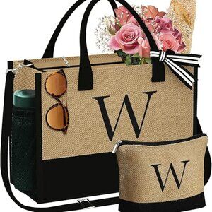 COPY - Initial Jute Tote Bag & Makeup Bag, Birthday Gifts for Women Her Mom Tea…